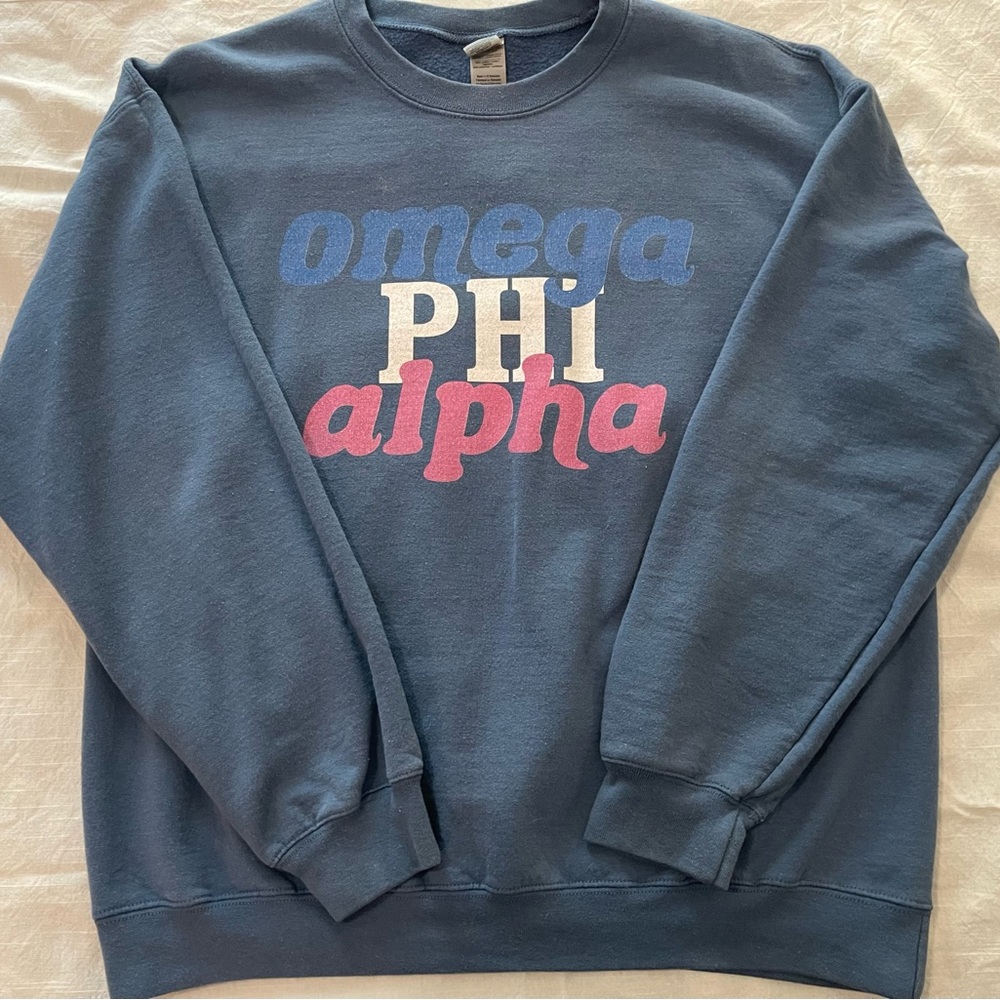 Omega Phi Alpha Blue and White Crewneck Sweatshirt